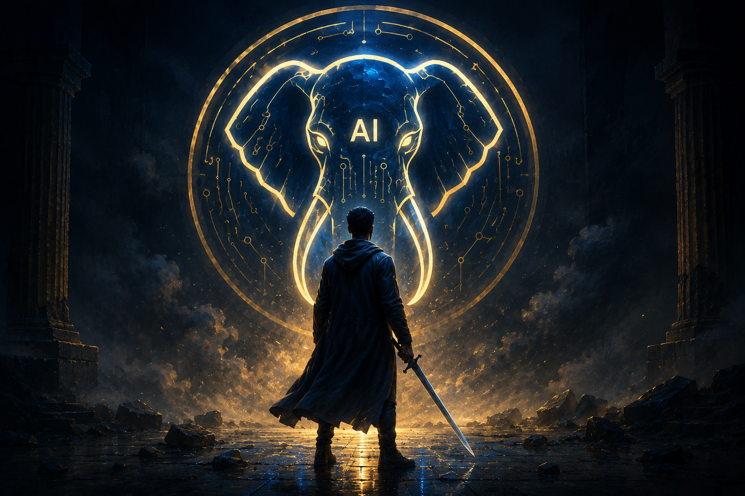 Person facing a glowing AI elephant emblem with a lowered sword